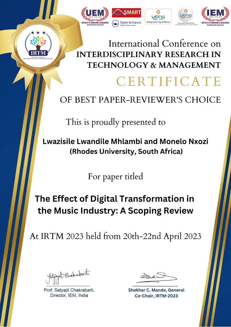 Lwazi Mhlambi's Best Paper Certificate