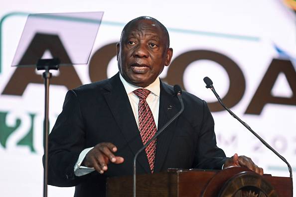 President Cyril Ramaphosa speaks at the African Growth and Opportunity Act (AGOA) forum in Johannesburg, South Africa, on Friday, Nov. 3, 2023. Photo: Leon Sadiki/Bloomberg via Getty Images