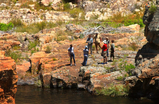 Project team in the Twee River. From left Mr Sakhikhaya Mabohlo, Dr David Gwapedza, Dr Bruce Paxton, Mr Stefan Theron, Mr Sinetemba Xoxo, Dr Sukhmani Mantel & Dr Jane Tanner. Photo credit: Amon Bloom