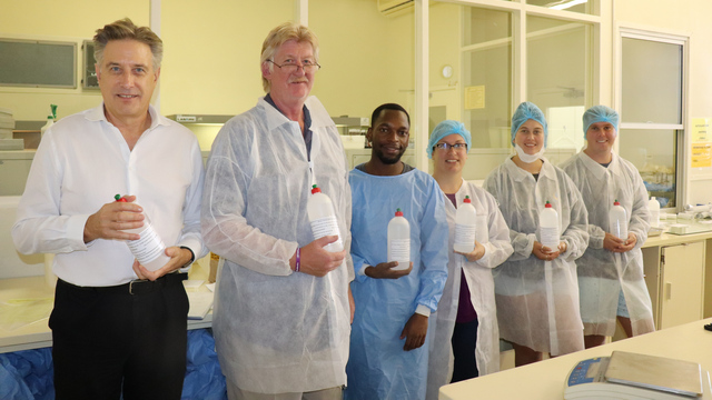 Together we can!:  From left: Deputy Vice Chancellor  for Research and Development Peter Clayton, Professor of Pharmaceutics Prof Rod Walker, Post Graduate students, Privilege Mazonde, Alyson Bennett, Danielle Walker ( Rhodes Golf Club ) and Cameron Heathfield ( Rhodes Golf Club).
