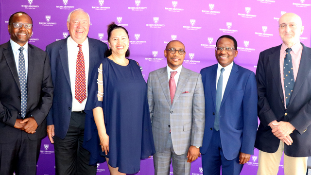 [L-R] Chairperson of the BoG Mr Andile Sangqu; outgoing board member Mr Royden Vice; Registrar, Dr Adele Moodly; Chairperson of Rhodes University Council, Mr Vuyo Kahla; Vice-Chancellor, Dr Sizwe Mabizela; and outgoing Chairperson, Mr Mike Spicer. 