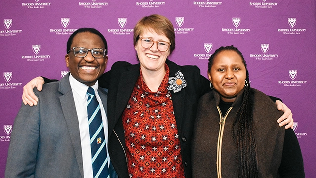 [L-R] Professor Sizwe Mabizela (Vice-Chancellor); Dr Jessica Cockburn (Environmental Science); Dr Kwezi Mzilikazi (Deputy Vice-Chancellor: Research, Innovation & Strategic Partnerships). 
[PIC CREDIT: Joshua Estimaje]