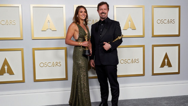 Rhodes University alumnus, Pippa Ehrlich and co-director James Reed pose in the press room with the award for Best Documentary Feature for ‘My Octopus Teacher’ at the Oscars, in Los Angeles, the US, on April 25. 
Picture: REUTERS/CHRIS PIZZELLO
