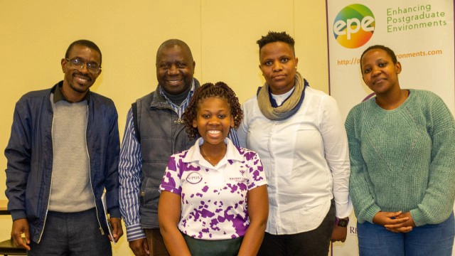 [L-R] NRF SARChI Chair of African Languages, Multilingualism and Education, Professor Dion Nkomo; Head of the Linguistics and Applied Languages Department, Professor Silvester Ron Simango; Chair of the panel: Sifanelwe Mini, who is completing her MA in Sociology at Rhodes University; Poet, Ms Mthunzikazi Mbungwana; and Professional Translator, Ms Zikho Dana.