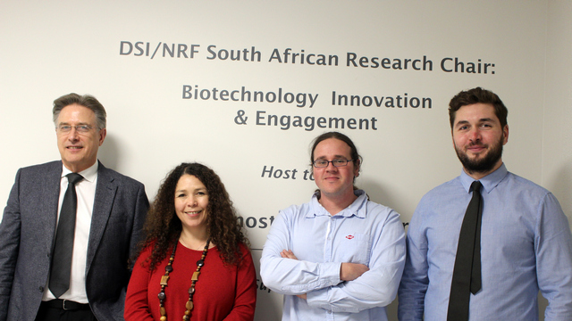 (L-R): Dr Peter Clayton, DVC of Research and Innovation at Rhodes University; Professor Janice Limson, Director of RUBIC; Dr Ronen Fogel, Collaborator at RUBIC; and Mathias Devi, Youth and Innovation Specialist at UNICEF. 