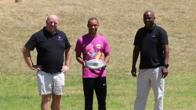 Rhodes University rugby coach Andy Royle, captain Simelela Mbanzi and Sports Manager Frans Mamabolo.