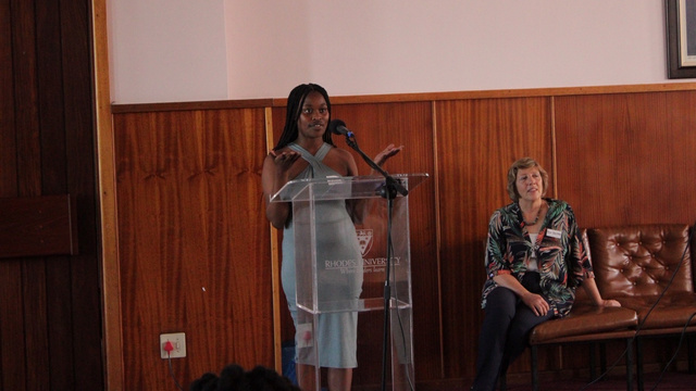 3rd year Accounting student, Zintle Nonqayi speaking during the launch, whole Professor Jackie Arendse looks on