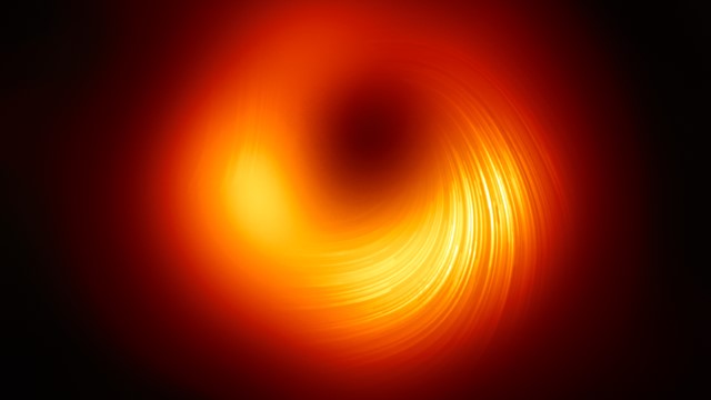 A view of the M87 supermassive black hole in polarised light. The lines mark the orientation of polarisation, which is related to the magnetic field around the shadow of the black hole. [Credit: EHT Collaboration] 
