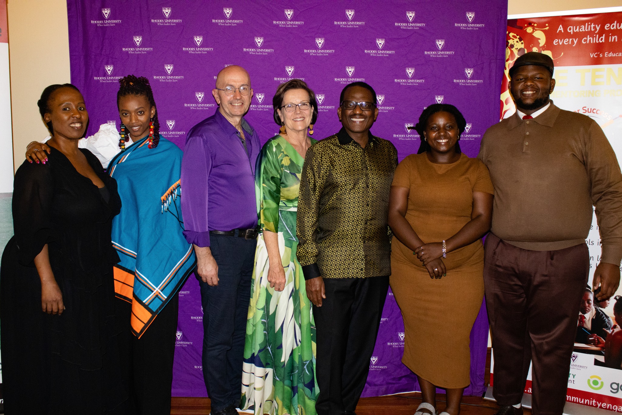 Monica Canca (RUCE), Babsy Makome, Ashley Westaway (GADRA), Diana Horby (RUCE) with the Vice Chancellor Prof Sizwe Mabizela and RUCE students Luviwe Mngcambe and Phumelela Tsili.