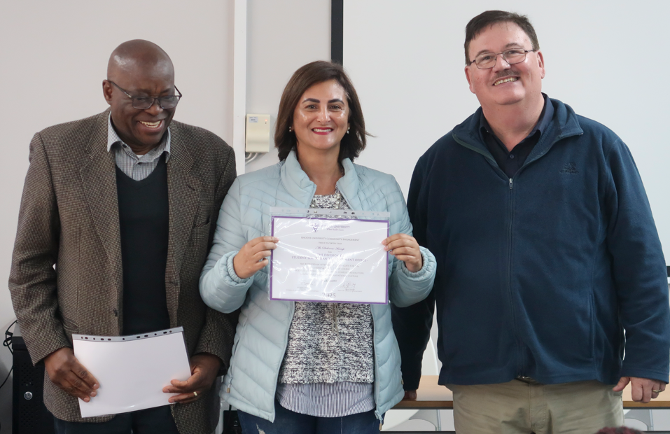 Assistant to the Director of Student Services and Development, Delvene Kemp, is one of twenty participants who successfuly completed the Short Course on Leadership. Dr Pakiso Tondi, Director of Student Services and Development and Herman Saayman, Senior Manager in People and Culture awarded the certificates.