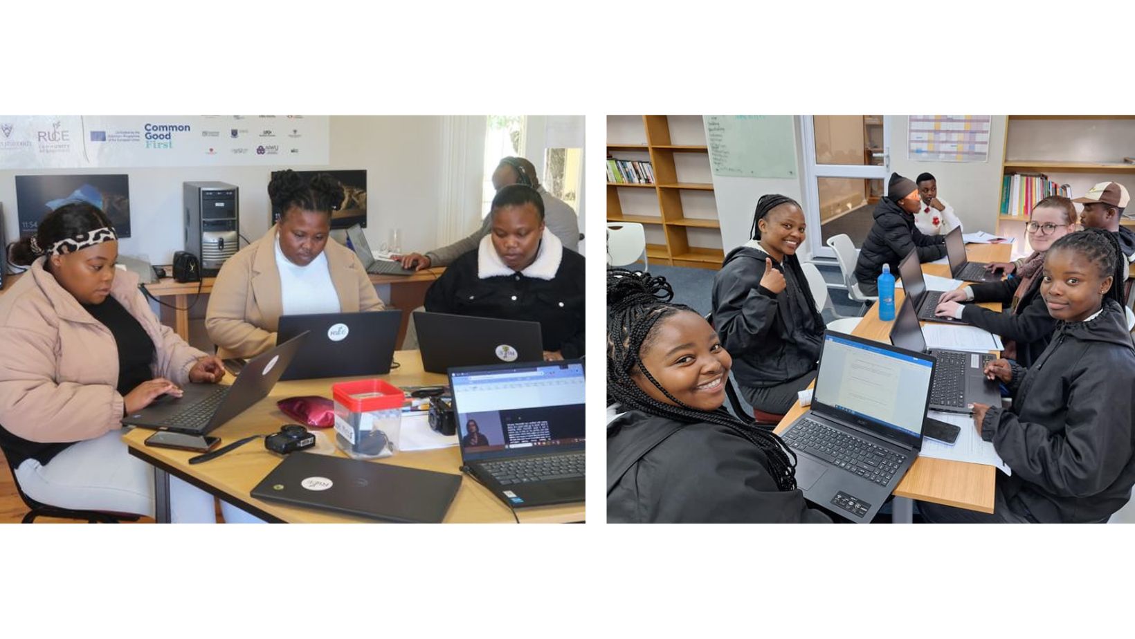 Community-based organisation, Assumption Development Centre staff participate in a digital storytelling workshop in the Social Innovation Hub at RUCE (left). High school learners use a Mobile Hub to sumbit tieriary education applications as part of a mentoring programme (right)