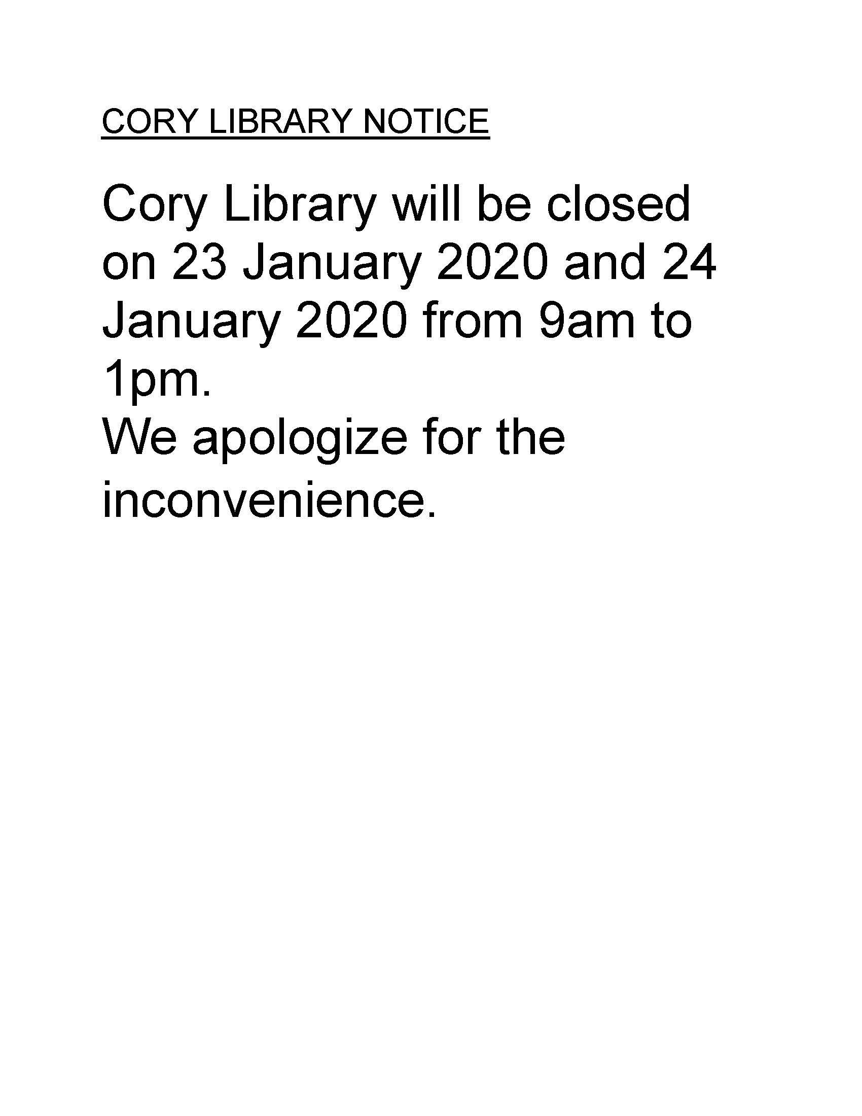 Cory Library notice