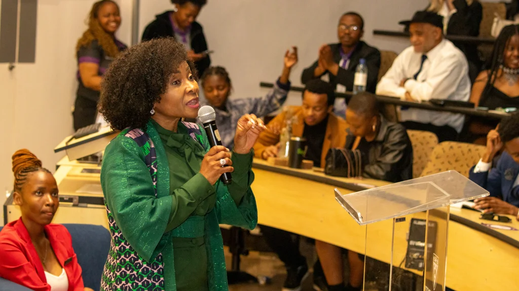 Former University of Cape Town Vice-Chancellor, Professor Mamokgethi Phakeng talking to Rhodes University students. Photo cred: Vusumzi Tshekema.