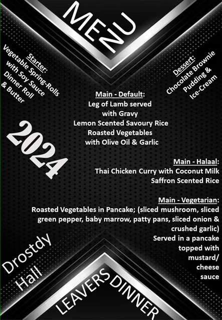 Leavers Dinner Menu