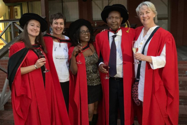 Prof Lotz-Sisitka with four of the 2019 ELRC PhD Graduates