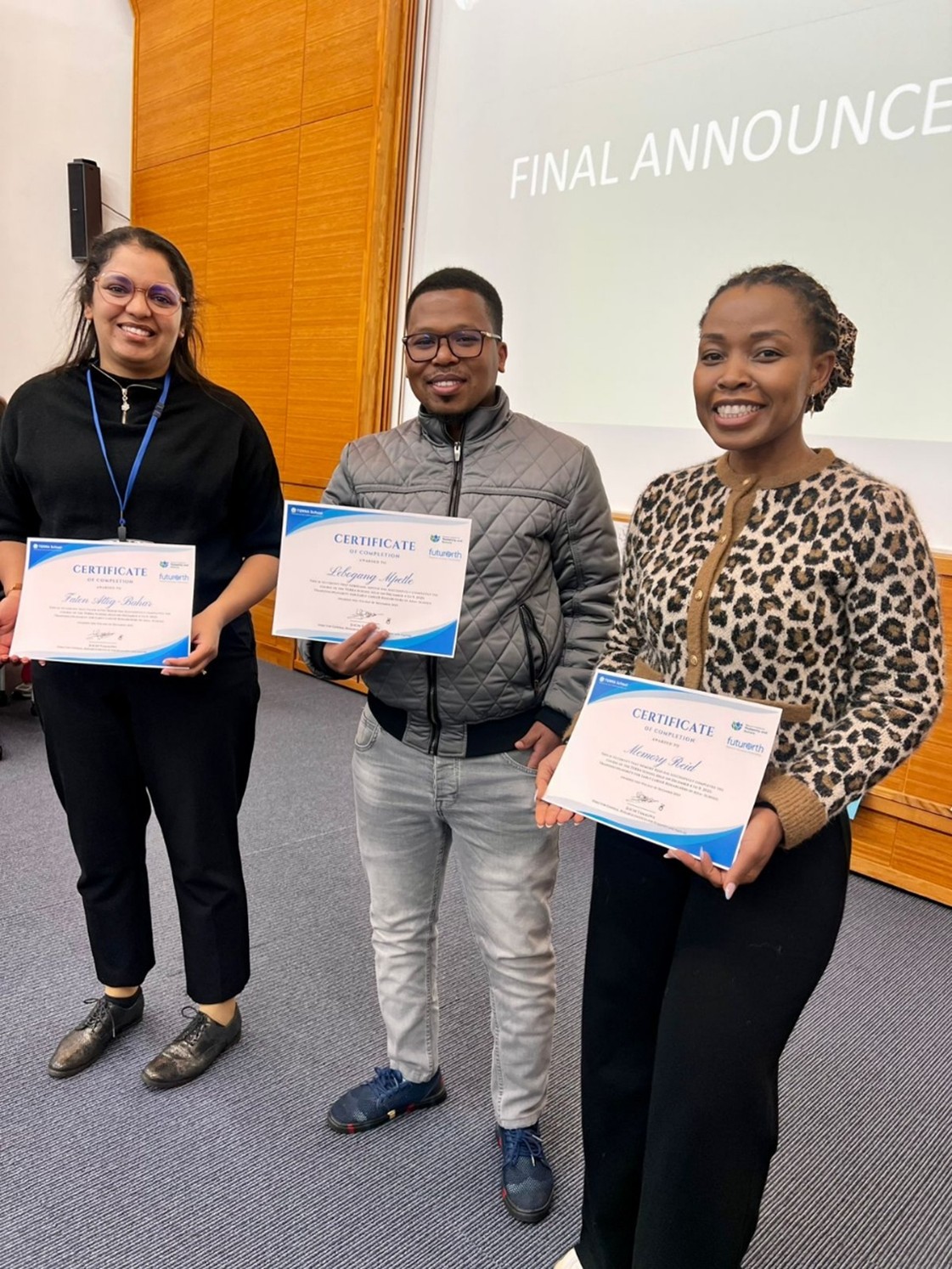 The three ECRs from Africa who attended the TERRA+ School (from left to rirght): Dr Faten Attig Bahar, Mr Lebogang Mpetle, and Dr Memory Reid