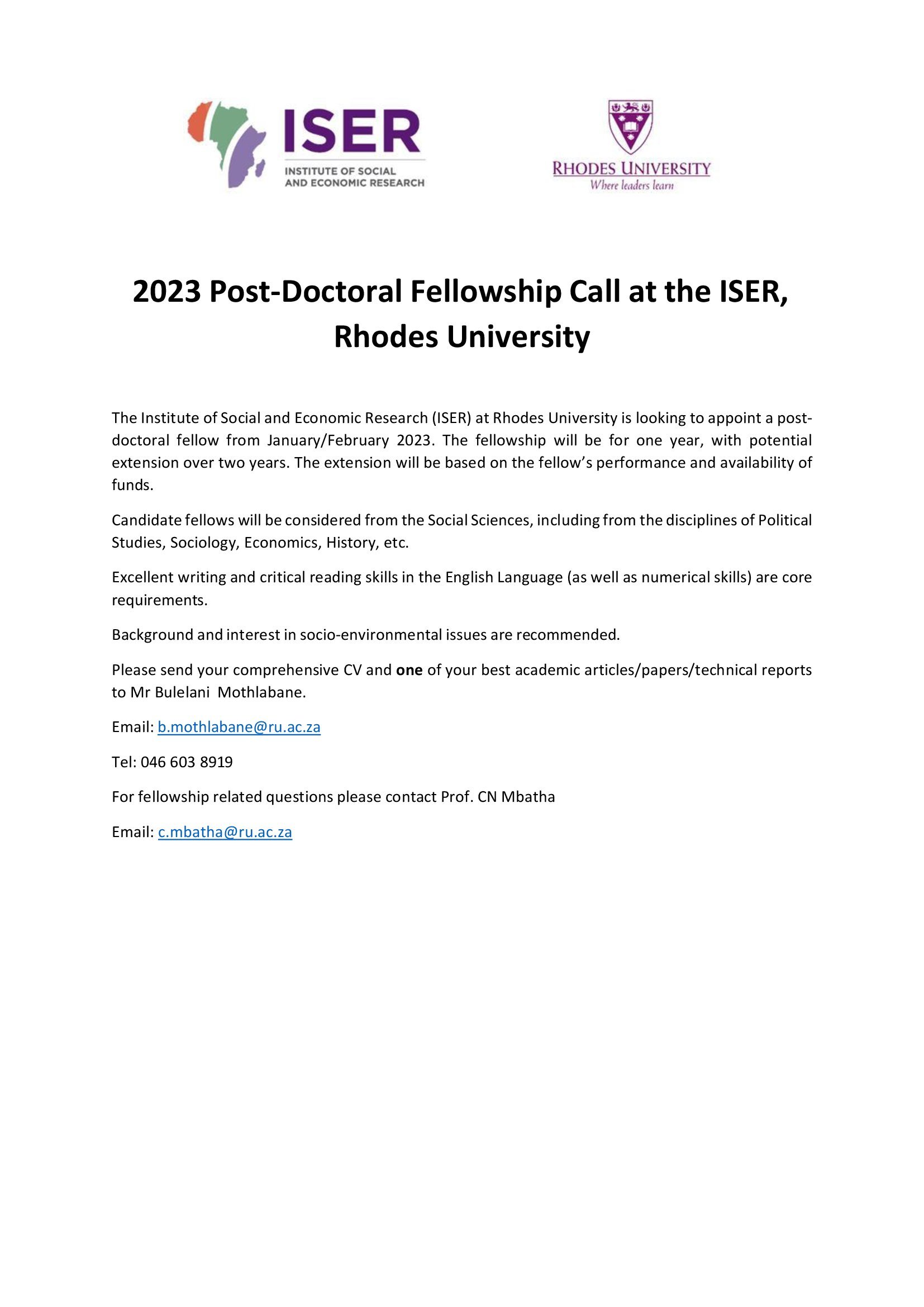 ISER Post Doctoral Fellowship 2023