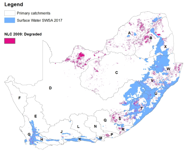 Figure showing the location of degradation areas in South Africa (2009 National Land Cover) relative to the surface water strategic water source areas (SWSA) by primary catchments