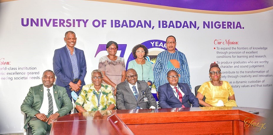 Dr Onabolu with the Vice Chancellor, Deputy Vice Chancellors, Registrar and Dean Faculty of Environmental Sciences at the University of Ibadan, Nigeria
