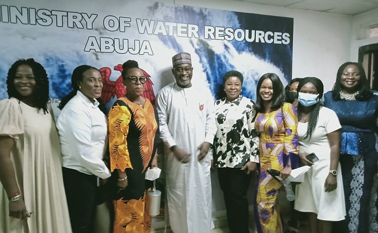 Dr Onabolu, is seen here leading a team of female professionals for a discussion with the Honorable Minister of Water, Resources, Nigeria, Grand Patron of FEMinWASH