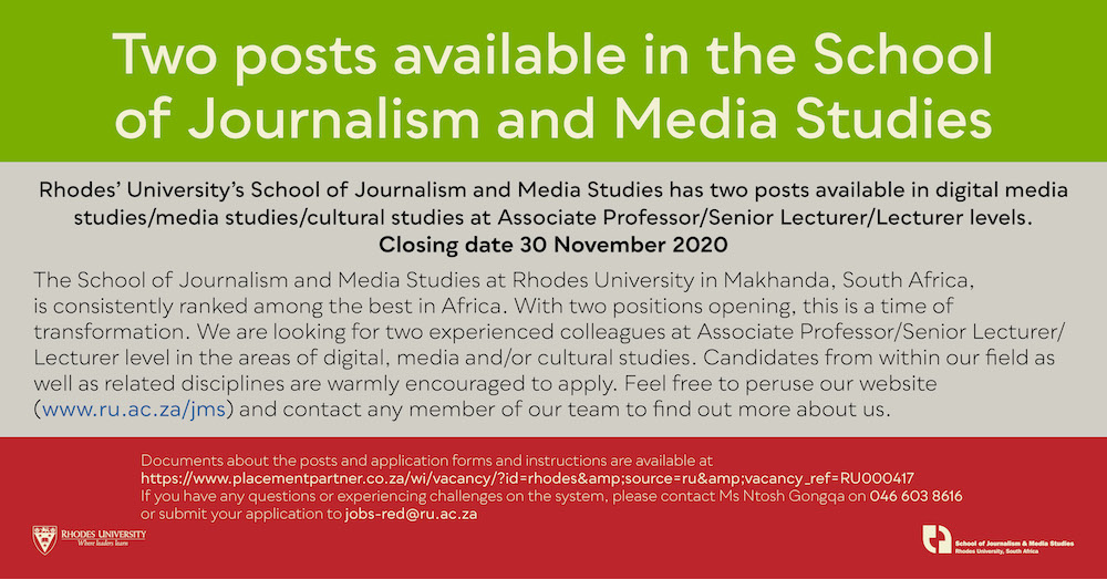 Two posts in digital media studies/media studies/cultural studies now open in the School of Journalism and Media Studies