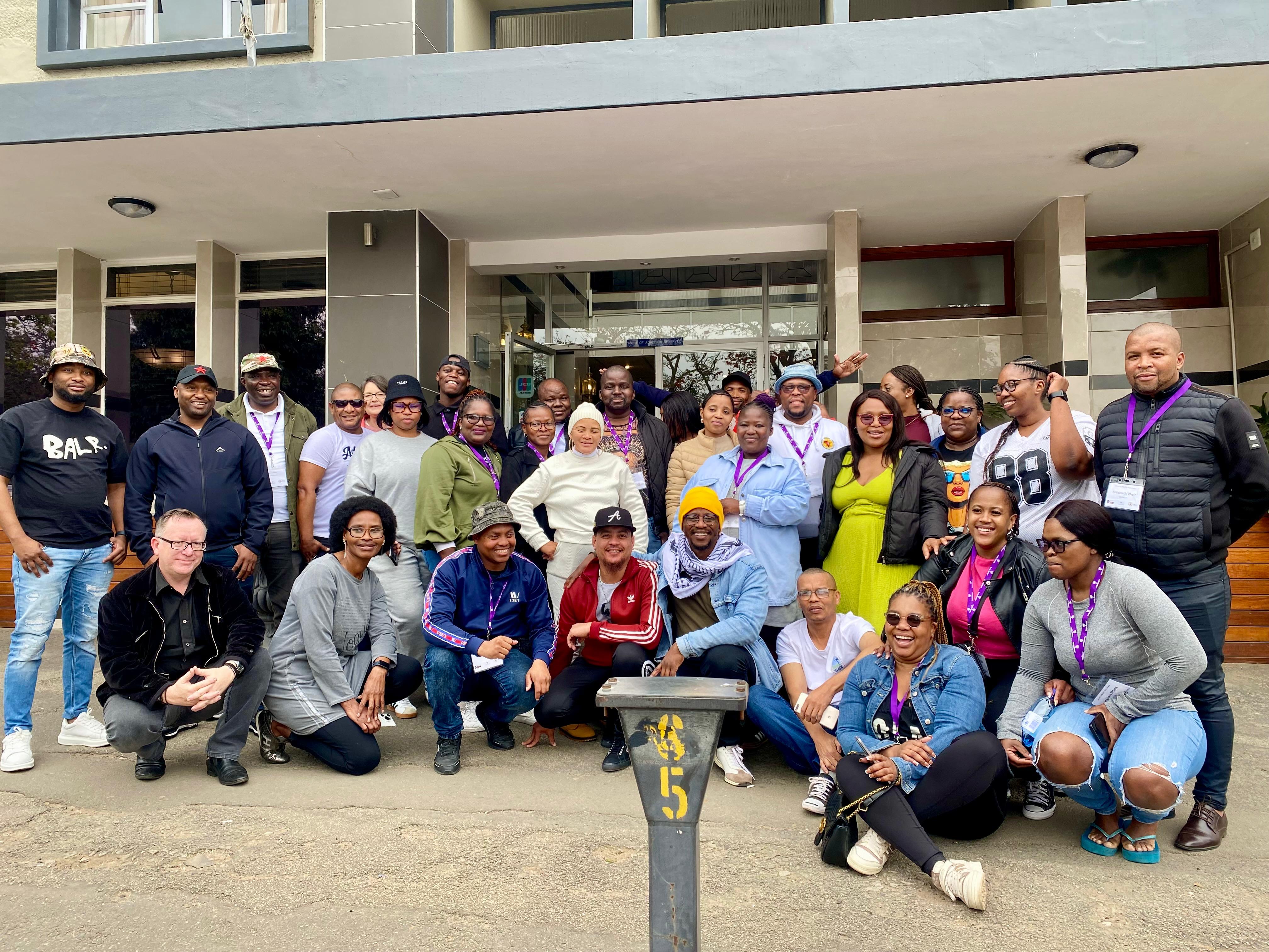Union workers from the engineering, metals and manufacturing sectors in front of Graham Hotel, Makhanda, Eastern Cape.