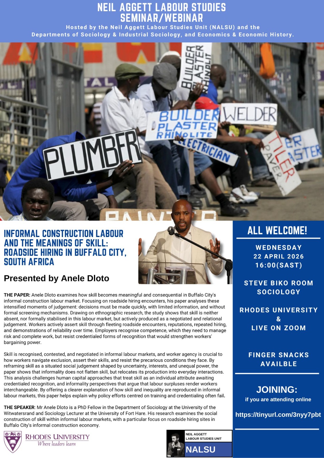 NALSU Labour Studies Seminar/Webinar: Anele Dloto, University of Fort Hare, "Informal Construction Labour and the Meanings of Skill: Roadside Hiring in Buffalo City, South Africa"