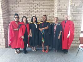 Prof Megan Campbell, Ms Nqobile Msomi, Dr Duane Booysen, Christine

Lewis and Mandisa Ndabula from the
Psychology Department
In the Faculty of Humanities

for the Vice-Chancellor’s Distinguished Award for Community

Engagement

