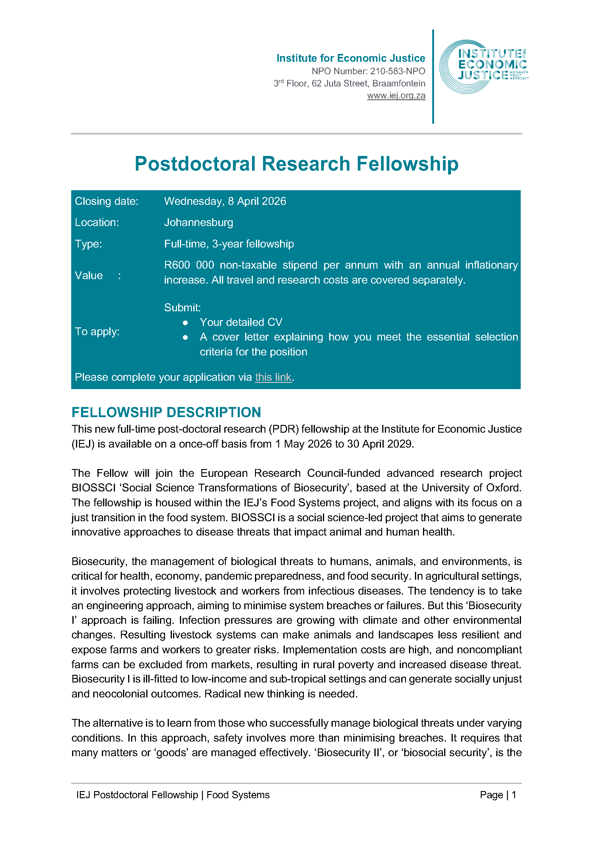 IEJ Postdoctoral Research Fellowship Position