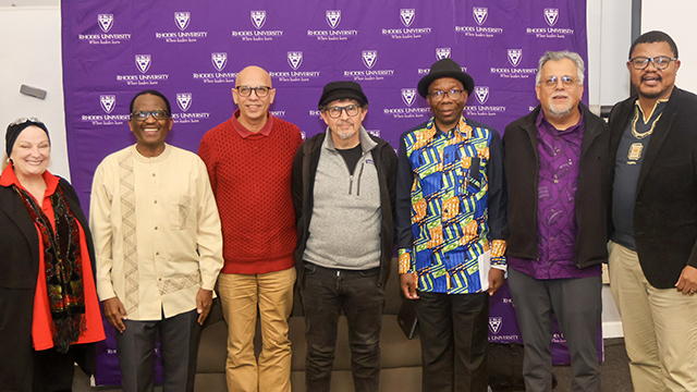 [L-R] Orla Quinlan (Director of Global Engagement at Rhodes University); Prof Sizwe Mabizela (Rhodes University Vice-Chancellor); Prof Shahid Vawda, (Research Fellow at Rhodes University’s History Department); Prof Pedro Tabensky (Director of the Allan Gray Centre for Leadership Ethics at Rhodes University); Prof Patrice Mwepu (Rhodes University Deputy Dean of Humanities); Prof Ciraj Rassool (Senior Professor of Historical Studies at the University of the Western Cape); and Thabang Moleko (Rhodes Business School)