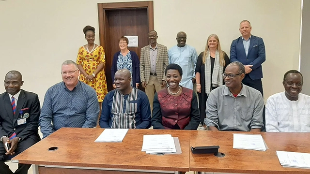 Front row (from left to right): Oladejo Azeezky, Registrar of the University of Lagos; Prof. Dr. Rüdiger Seesemann, Spokesperson of the Cluster of Excellence "Africa Multiple"; Prof. Dr. Enocent Msindo, Director of the African Cluster Center at Rhodes University, Makhanda; Prof. Dr. Ayodele Atsenuwa, Vice President of the University of Lagos; Prof. Dr. Yacouba Banhoro, Director of the African Cluster Center at Université Joseph Ki-Zerbo, Ouagadougou; Prof. Dr. Peter Simatei, Director of the African Cluster Center Moi University, Eldoret. - Back row (r. to l.): Ndidi Zedomi, University of Lagos; Dr. Doris Löhr; Coordinator Internationalization & Public Engagement, Cluster of Excellence "Africa Multiple"; Prof. Dr. Ismail Ibraheem, Director of the Office of International Relations, Partnerships and Prospects, University of Lagos; Prof. Dr. Muyiwa Falaiye, Director of the African Cluster Center at the University of Lagos; Prof. Dr. Ute Fendler, Co-spokesperson of the Cluster of Excellence
