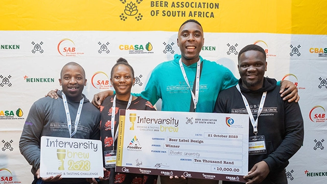 The Rhodes University brewing team (µbru) from left to right: Yamnkela Manana, Peace Chauke, Keith Kambani and Siyabonga Mazibuko. [Photo credit: Maryke Venter Photography] 