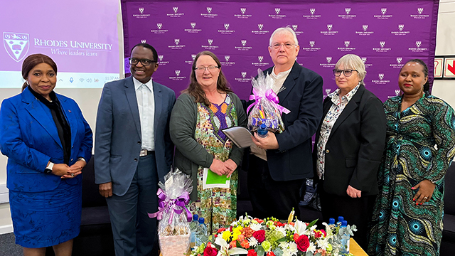 At the opening ceremony [L-R] Prof 'Mabokang Monnapula-Mapesela (DVC: Academic & Student Affairs), Prof Sizwe Mabizela (Vice-Chancellor), Prof Rosa Klein (HoD: Chemistry), Dr Iain L'Ange (Project Leader), Prof Joanna Dames (Dean of Science), and Dr Kwezi Mzilikazi (DVC: Research, Innovation & Strategic Partnerships)
[PIC: Mduduzi Mlambo]