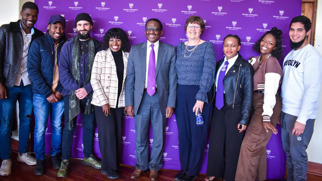 From left to right: Maliviwe Mhlaba, Zolani Bethela, Geoffrey Smuts, Dineo Khoele, Professor Sizwe Mabizela, Susan Robertson, Nothando Calane, Sonwabise Maneli and Ethan Langson.  Photo cred: Zintle Nkunzi