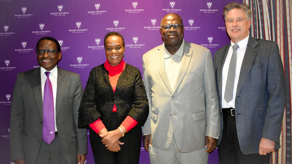 Vice-Chancellor, Professor Sizwe Mabizela, Professor Oluyemisi Bamgbose, Professor Ernest Aryeetey and  Professor Peter Clayton. Photo cred: Zintle Nkunzi. 
