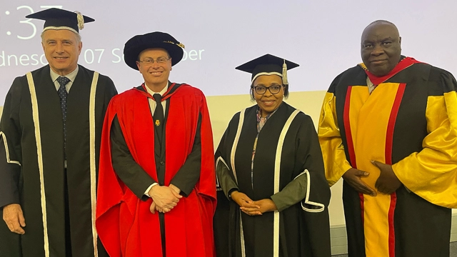 [L-R] Deputy Vice Chancellor: Research and Innovation Professor Peter Clayton; Law Professor Graham Glover; Deputy Vice Chancellor: Academic and Student Affairs; and Dean of Law Professor Laurence Juma.