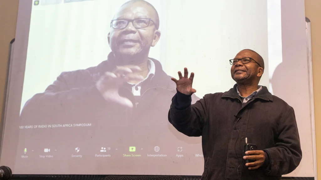 School of Journalism and Media Studies lecturer, Shepi Mati, during the celebrations of 100 years of radio in South Africa. Photo cred: Vusumzi Tshekema.