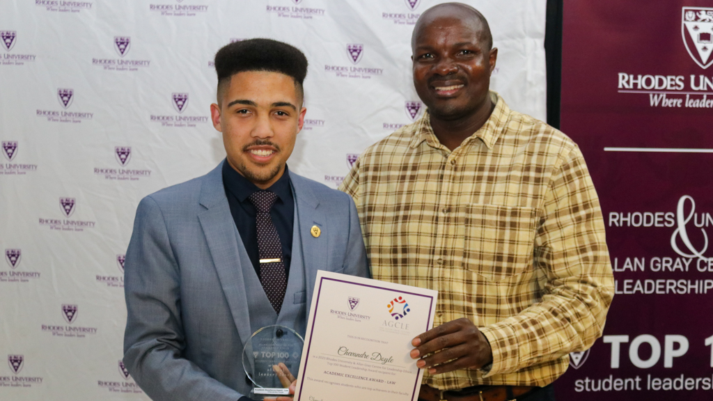 Dean of Humanities, Professor Enocent Msindo and one of the Top 100 winners, Chevandre Dayle. Photo cred: Vusumzi Tshekema.