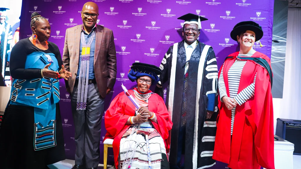 From left to right: DSRAC MEC Nonceba Khontsiwe, Arts & Culture Minister Nathi Mthethwa, horary doctorate recipient Dr Latozi Madosini Mpahleni, Vice-Chancellor Professor Sizwe Mabizela and Music and Musicology HOD Dr Boudina McConnachie. 