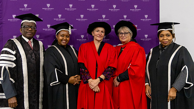 [L-R] Professor Sizwe Mabizela (Vice-Chancellor); Dr Kwezi Mzilikazi (DVC: Research, Innovation & Strategic Partnerships); Professor Susanne Vetter (Head of Botany); Joanna Dames (Dean of Science); and Professor 'Mabokang Monnapula-Mapesela (DVC: Academic & Student Affairs)