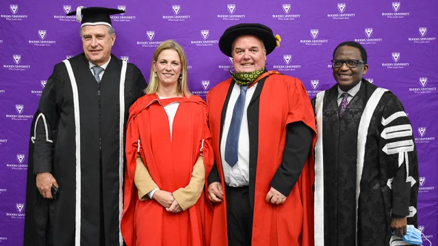 [L-R] Professor Peter Clayton (Deputy Vice-Chancellor: Research and Innovation, Rhodes University); Professor Julie Coetzee; Professor Martin Hill (Director: Centre for Biological Control); and Professor Sizwe Mabizela (Vice-Chancellor, Rhodes University)