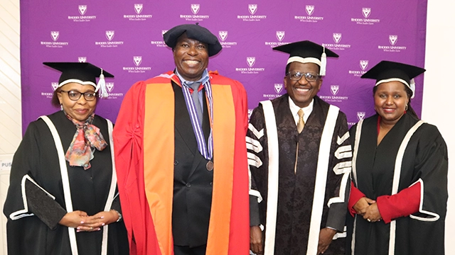 [L-R] Professor 'Mabokang Monnapula-Mapesela (Deputy Vice-Chancellor: Academic and Student Affairs); Professor James Gambiza (Environmental Science); Professor Sizwe Mabizela (Vice-Chancellor); Dr Kwezi Mzilikazi (Deputy Vice-Chancellor: Research, Innovation & Strategic Partnerships). 
[PIC CREDIT: Siviwe Mxuma]