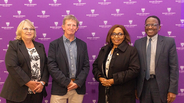 [L-R] Acting DVC: Research, Innovation and Partnerships Prof Joanna Dames; Prof Justin Jonas; DVC: Academic and Student Affairs Prof 'Mabokang Monnapula-Mapesela; and Vice-Chancellor Prof Sizwe Mabizela