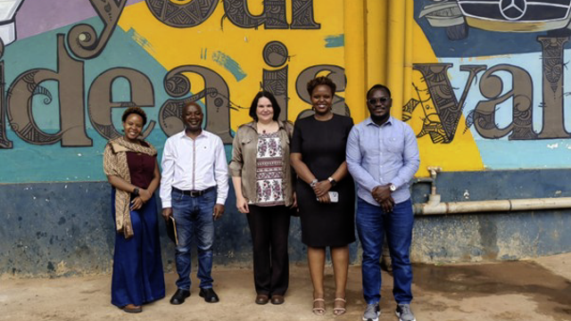MoTIV Research Visit [L-R] Amanda Gowa, Community and Programme Development Lead; Anthony Tibaingana, Makerere University; Jen Snowball, Rhodes University; Rita Ngenzi, Founding Director, Africa Creatives Alliance and MoTIV; Ivan Sewajje, Head of Brand Innovation, MoTIV