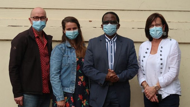 [L-R] GADRA Director, Dr Ashley Westaway, 9/10ths Programme Coordinator, Anna Talbot, Rhodes University Vice-Chancellor, Dr Sizwe Mabizela, Rhodes University Community Engagement Director, Di Hornby