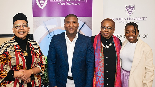 [L-R] Professor Siphokazi Magadla (Head of Political and International Studies); Lihle Manene (Political and International Studies Honours student); Nkiru Nzegwu (Distinguished Professor of Africana Studies Binghamton University in New York); Omphulusa Nengwekhulu (Political and International Studies Masters student). 
[PIC CREDIT: Joshua Estimaje]