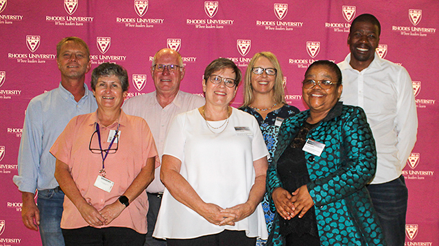 Back row [L-R]: Wynand van der Walt (Head of Technical Services at Rhodes University Library), Prof Ian Meiklejohn (HOD of Geography), Leticia Greyling (Senior Lecturer at Rhodes Business School), Bobby Shabangu (President of Wikimedia South Africa board)
Front row [L-R]: Debbie Martindale (Librarian: Scholarly Communication at Rhodes University Library), Susan Veldsman (Director of the Scholarly Publication Unit at the ASSAf), Nomawethu Danster (Director of the Rhodes University Library)