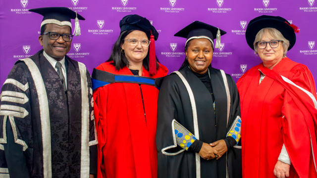 [L-R] Professor Sizwe Mabizela (Vice-Chancellor); Professor Lizanne Raubenheimer; Dr Kwezi Mzilikazi (DVC: Research, Innovation & Partnerships); Professor Joanne Dames (Dean of Science)
[PIC: Siqhamo Jama]