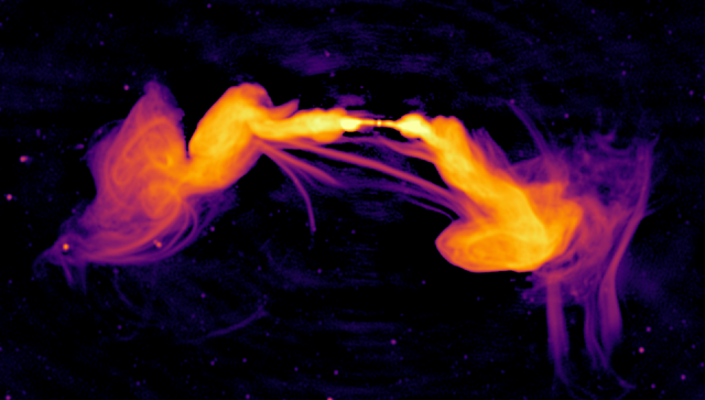 Image reconstructed using radio emission data from MeerKAT at 1000 MHz, showing unusual collimated synchrotron threads connecting radio emission lobes of ESO 137-006 