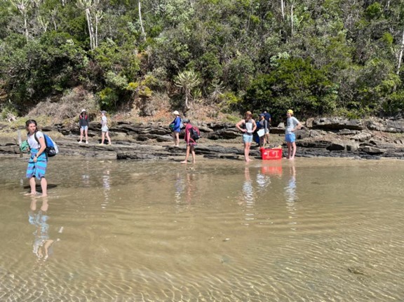 Students contemplating the crossing. We needed to get to a Salt Marsh island, and this required wading across some sandflats. The water was a little cold at this early stage of the morning. But it didn’t take long before the students were all across.